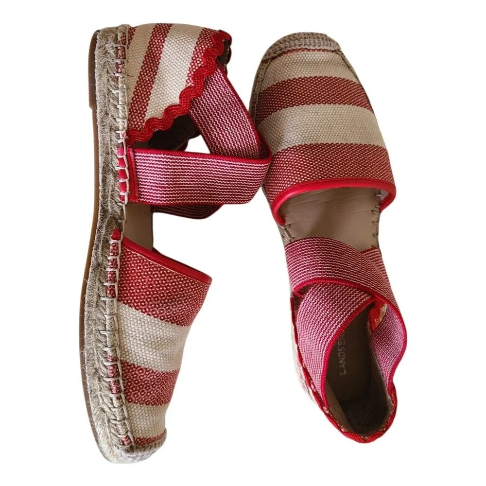 lands' end red & white striped elastic strap espadrilles size 7